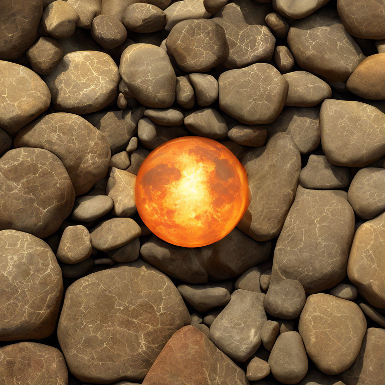 Glowing Orange Orb Among Grey-Brown Stones