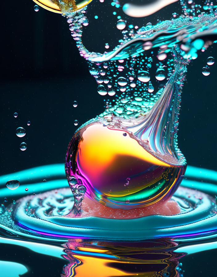 Colorful droplet impact creating tiny splashes on reflective surface