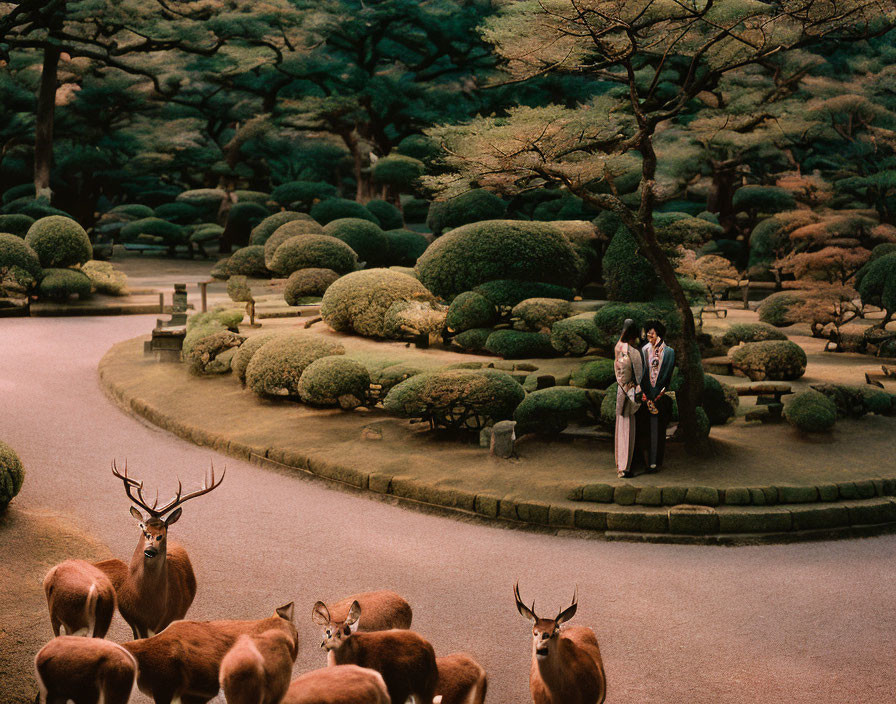 Serene Japanese garden with couple and deer in foreground