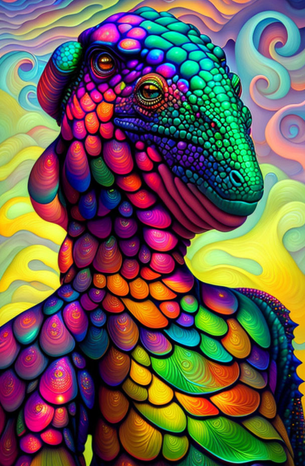 Colorful digital artwork of dinosaur-like creature with rainbow scales on psychedelic background