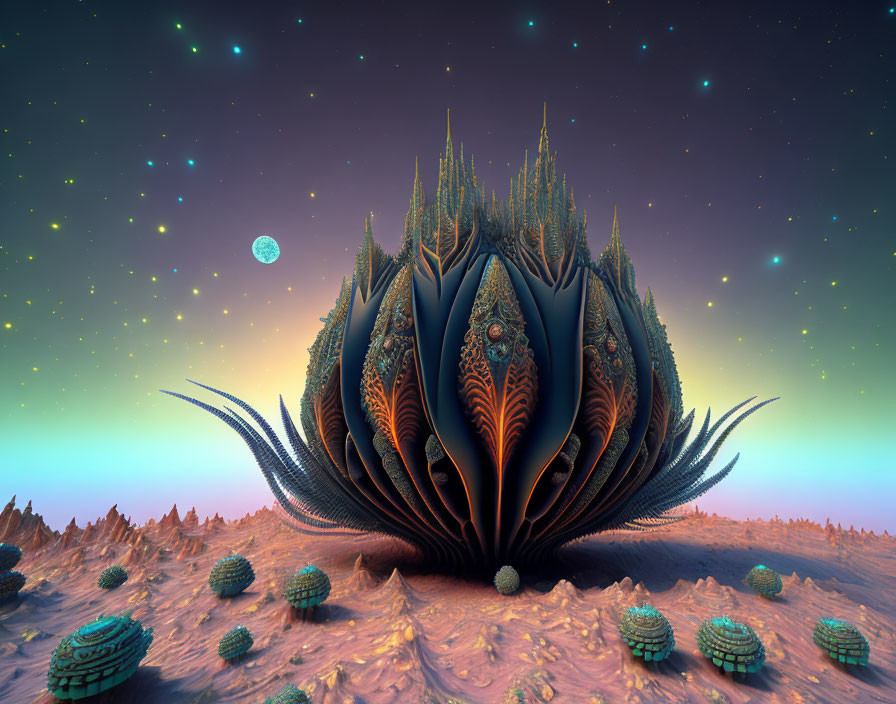 Surreal fractal landscape with intricate plant-like structure under starry sky