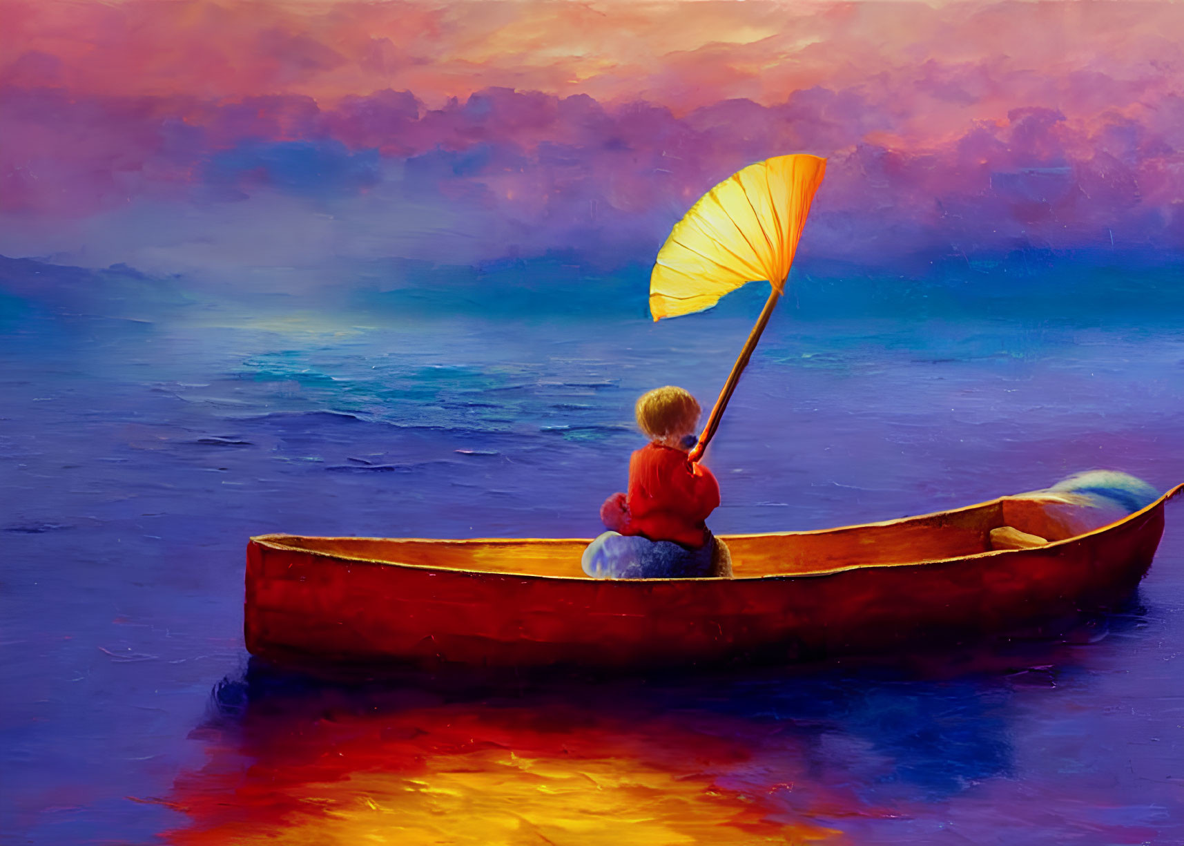 Child in Red Canoe with Leaf Sail at Sunset