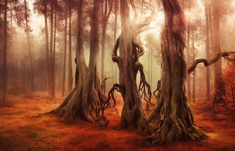 Mysterious Forest Scene with Ancient Trees and Intertwined Roots