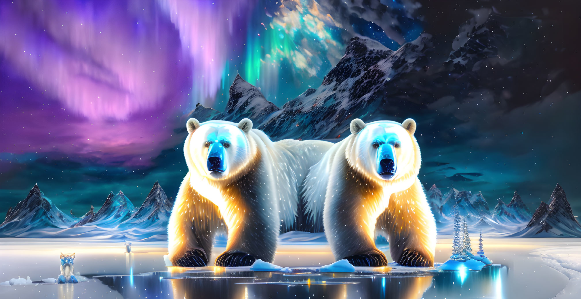 Glowing polar bears on icy landscape with aurora borealis