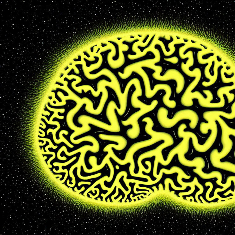 Vibrant yellow maze pattern in glowing orb on starry backdrop