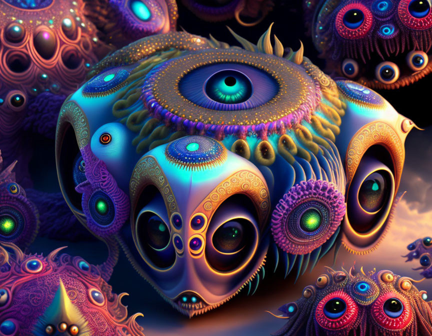 Colorful surreal creature with multiple eyes and fractal patterns