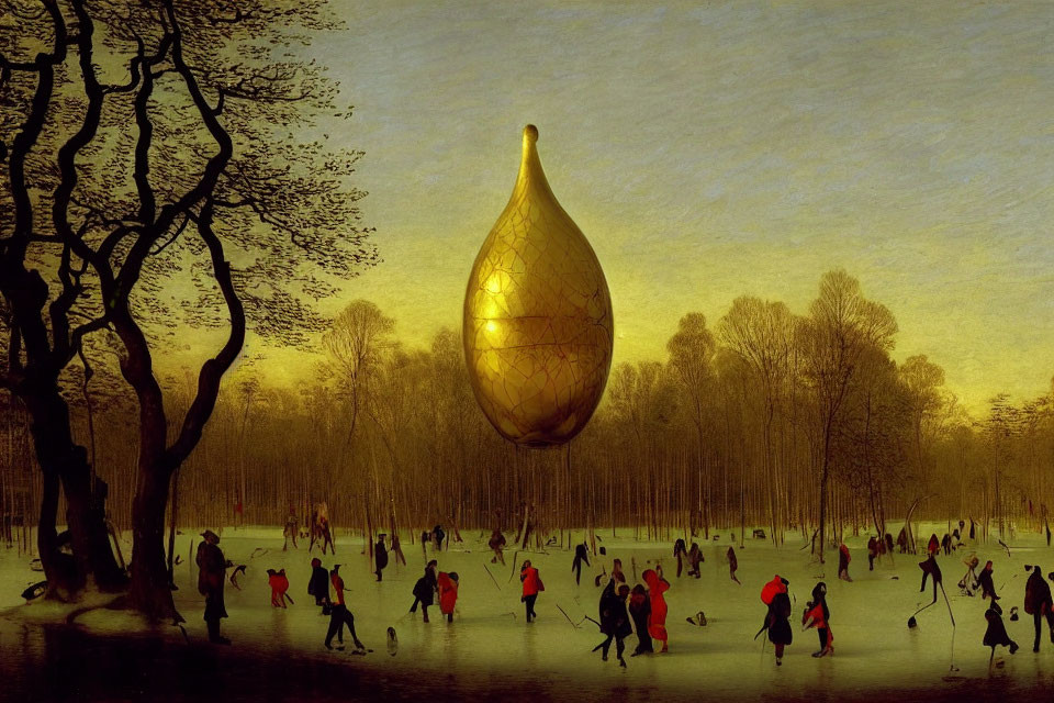 Golden teardrop-shaped object hovers over ice skaters on frozen pond