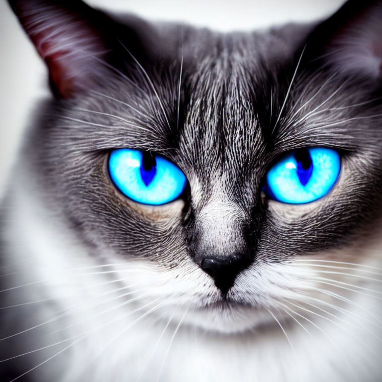 Gray and White Cat with Striking Blue Eyes Close-Up