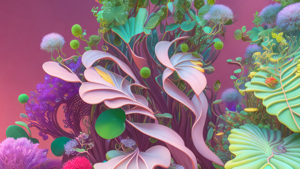 Colorful digital artwork showcasing stylized fantasy plants in pink, green, and purple.