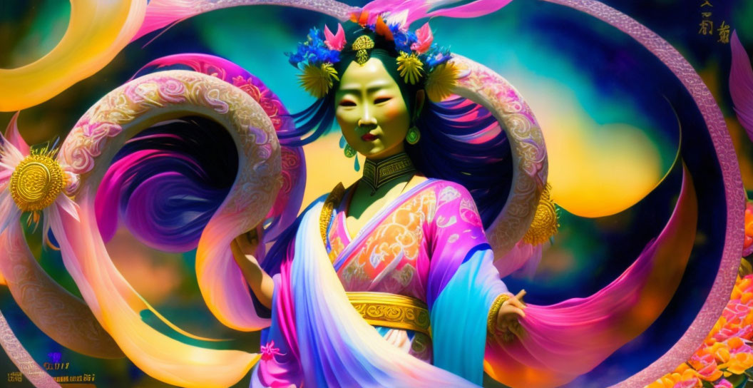 Colorful Chinese goddess in traditional attire with flowing ribbons