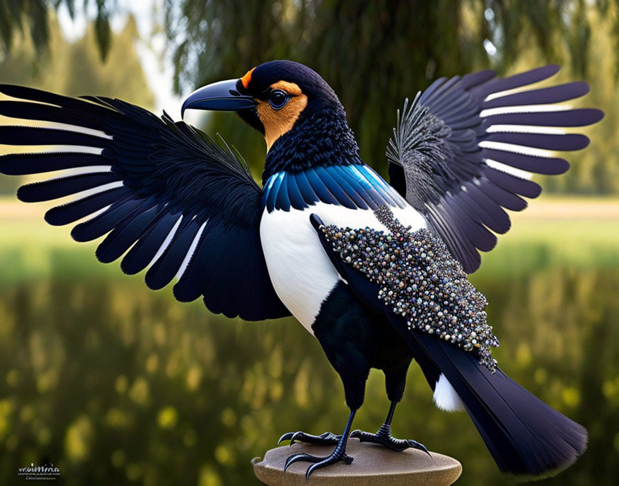 Colorful Bird with Black and White Wings, Orange Beak, and Jeweled Feathers on Stand