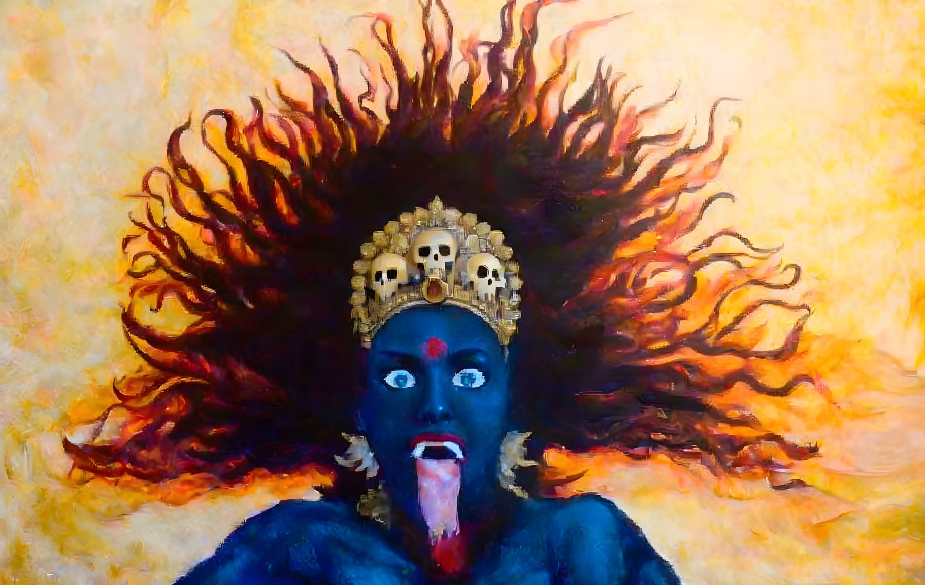 Blue-skinned figure with fiery hair and multiple arms in intense painting