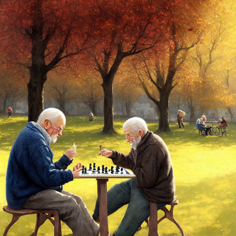 Elderly Men Playing Chess in Autumn Park