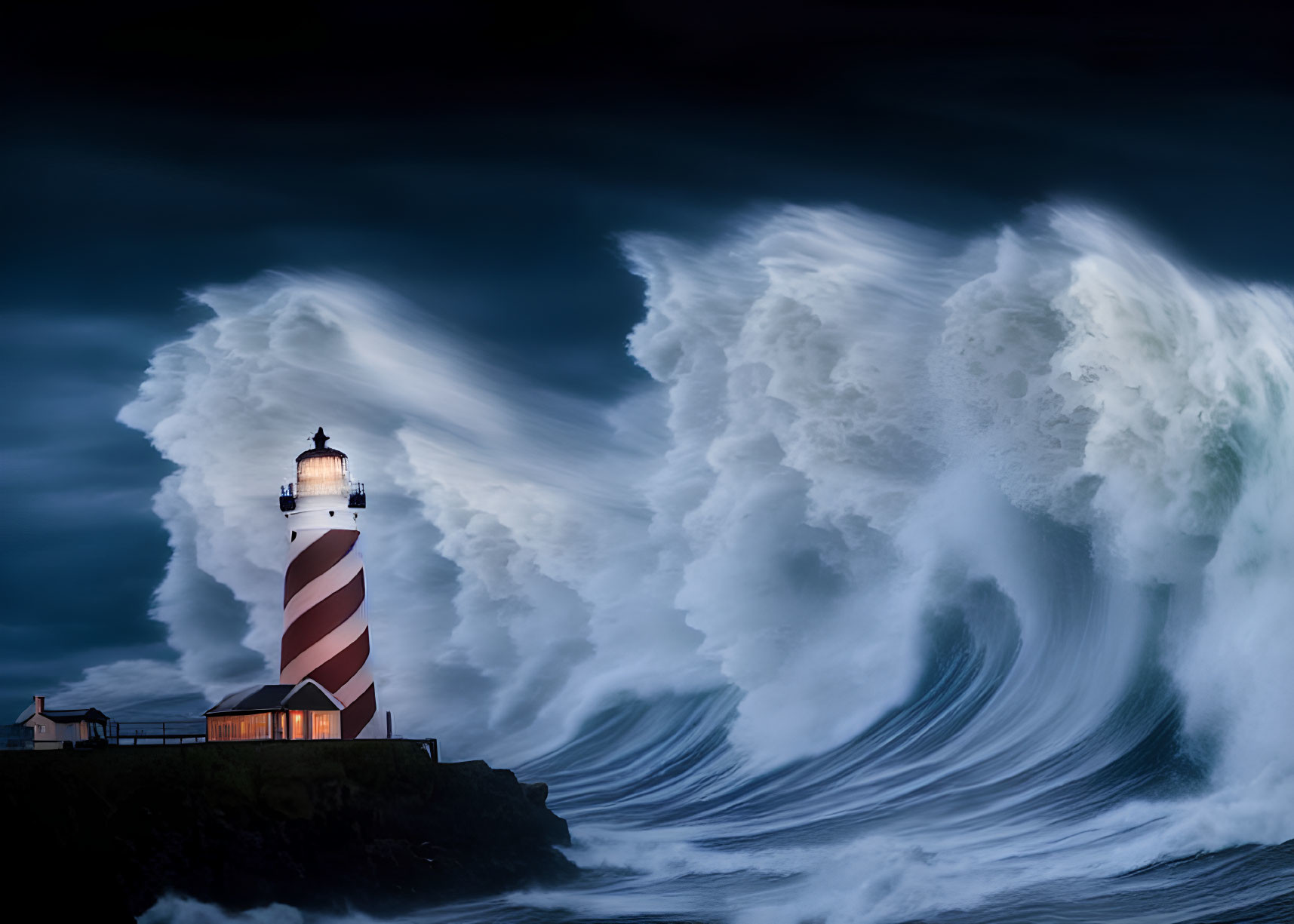 Towering Red and White Striped Lighthouse in Stormy Sea