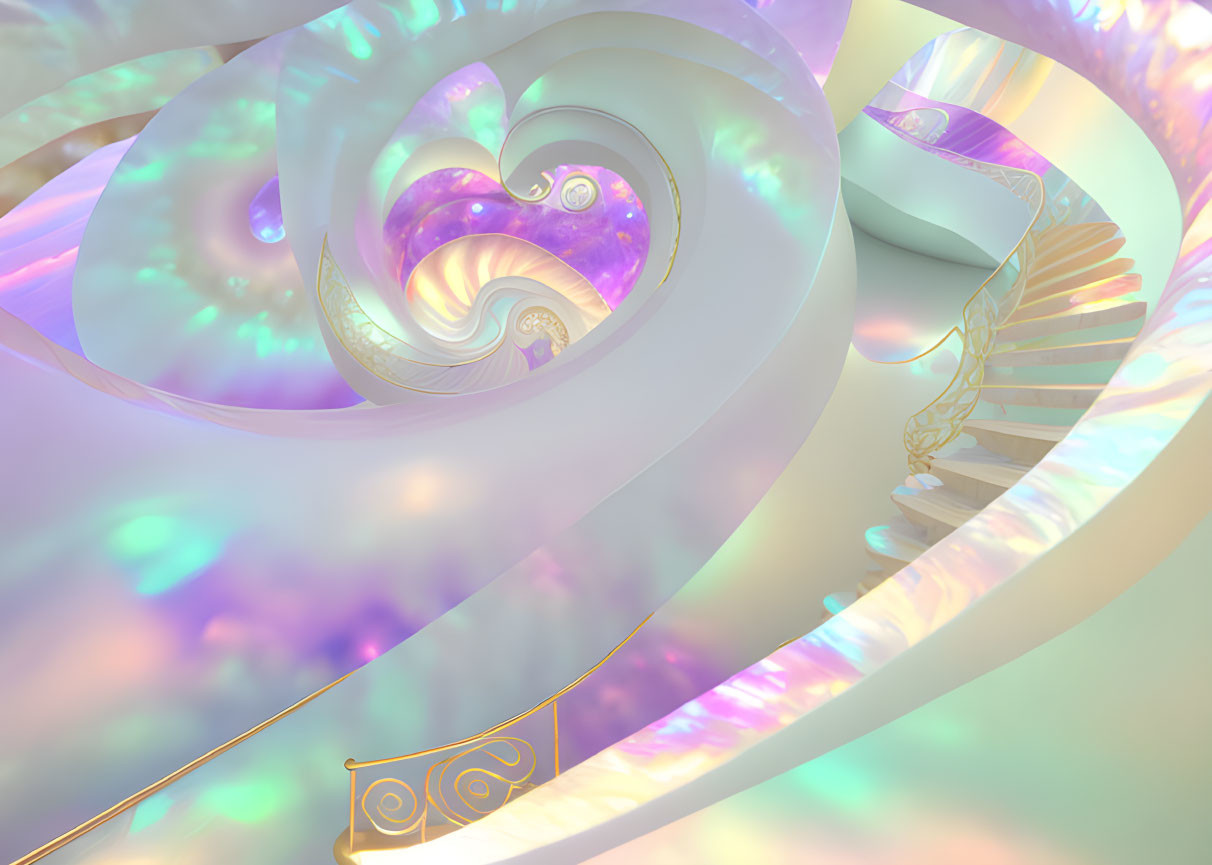 Swirling Pastel Colors in Abstract Fractal Art with Spiral Staircase