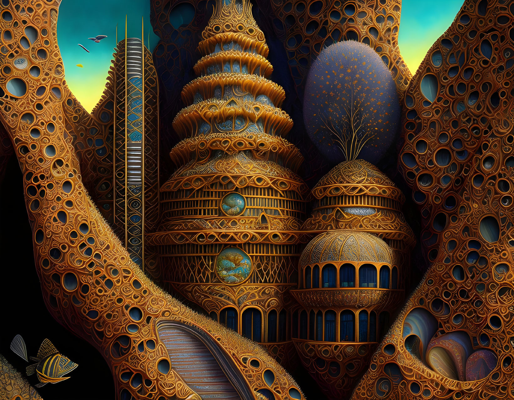 Fantastical image: Hive-like buildings and flying fish in twilight sky