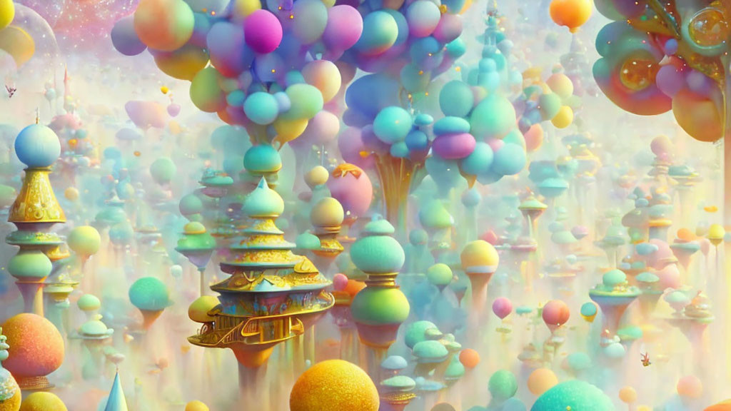 Vibrant surreal towers and trees in dreamlike landscape