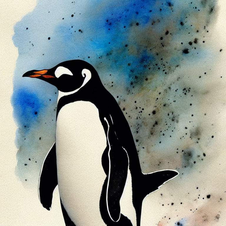 Watercolor Penguin Illustration with Orange Beak on Blue Background