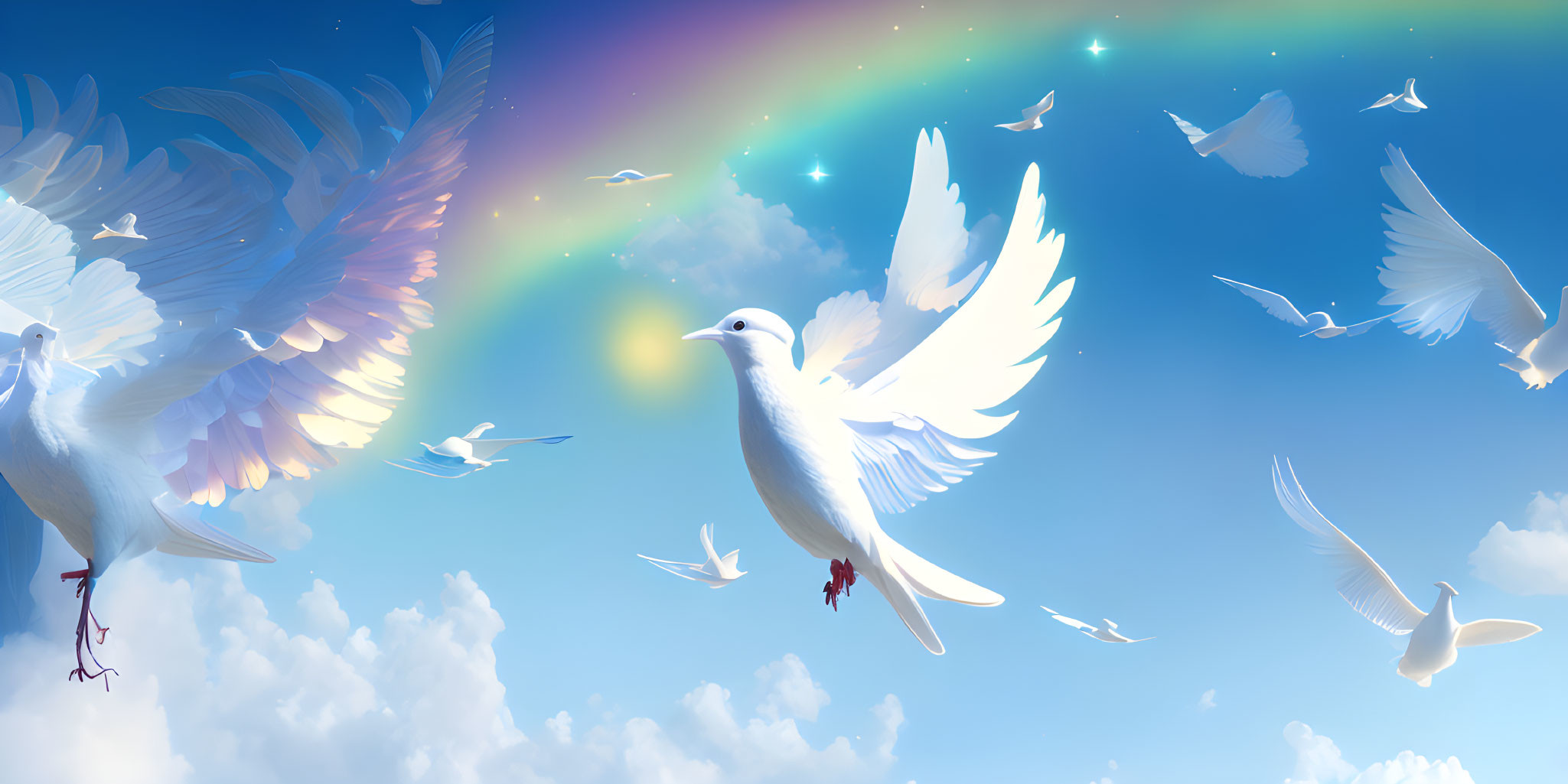 White doves flying in blue sky with rainbow spotlight.