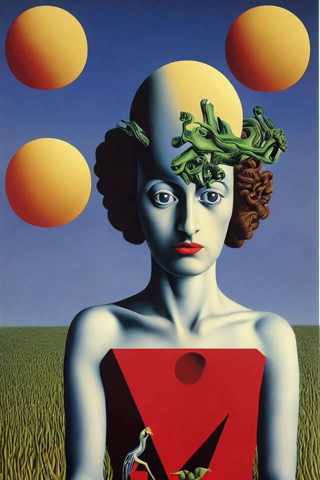 Surrealist painting of woman with tree branches and orange spheres on wheat field