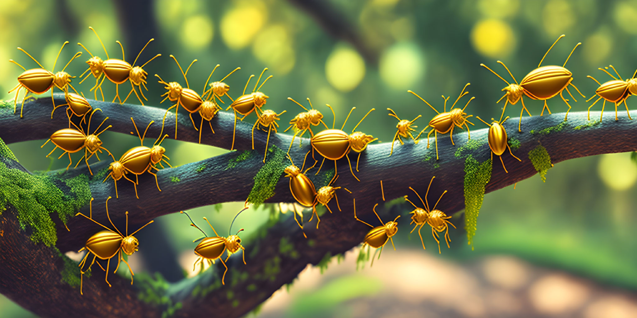 Golden beetles on branch in lush setting