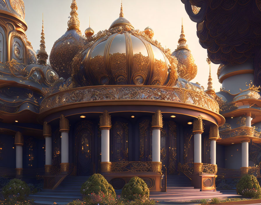 Golden-Domed Fantasy Palace Against Sunset Sky