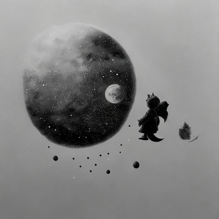 Child in dragon costume on floating rock gazes at moons in surreal cosmic scene