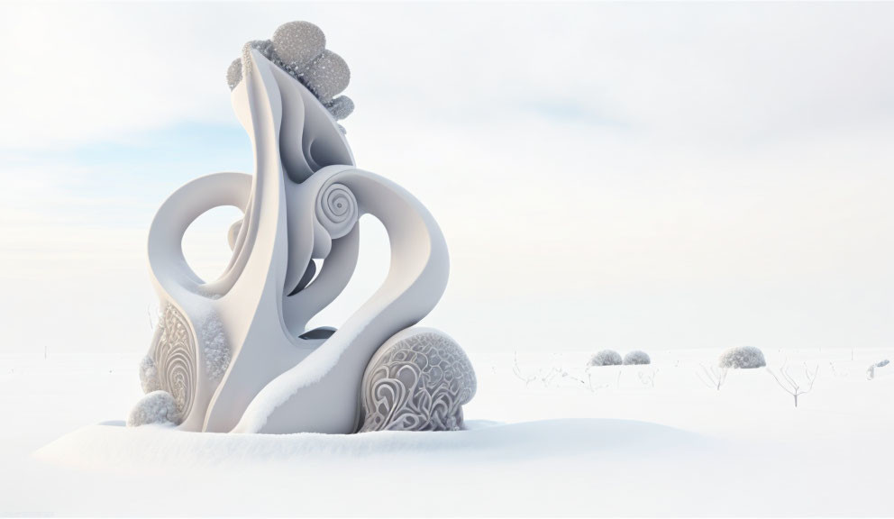 Swirled pattern abstract sculpture in snowy landscape.