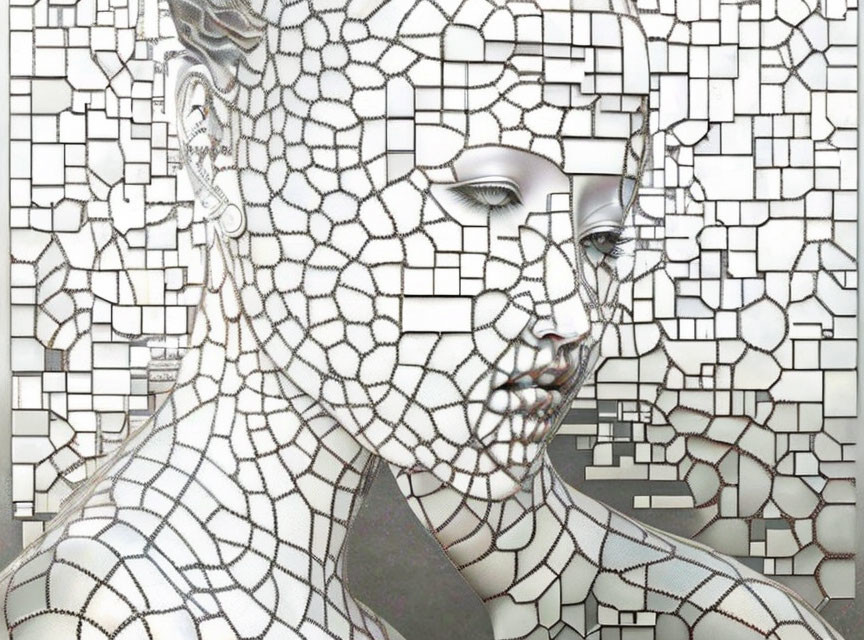 Serene face fragmented into mosaic-like geometrical shapes