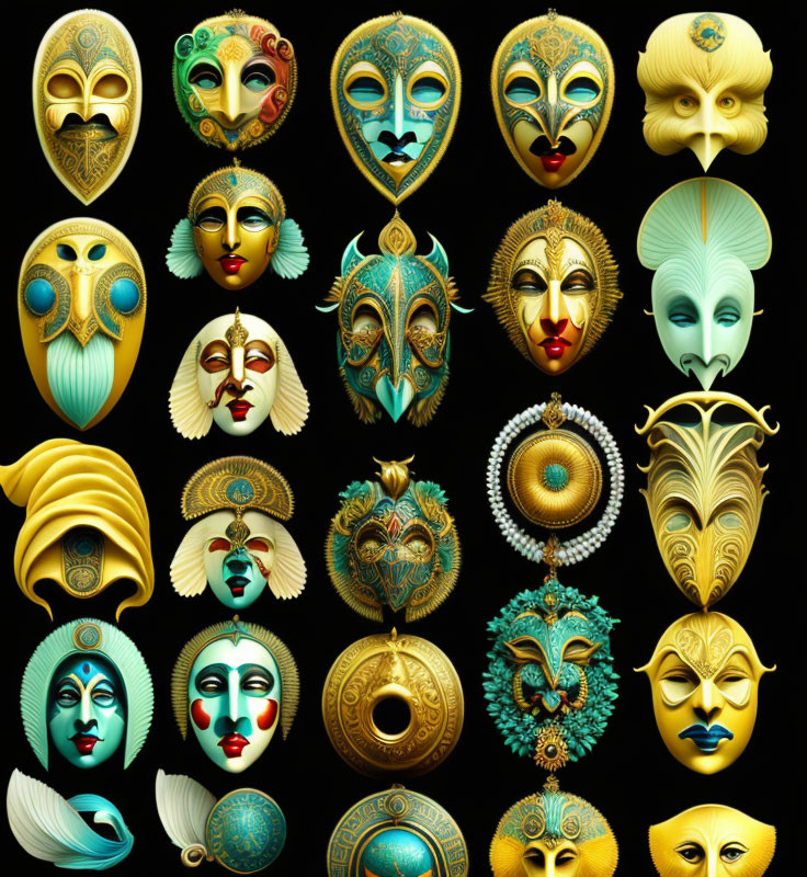 Intricate and Colorful Ornate Masks on Black Background