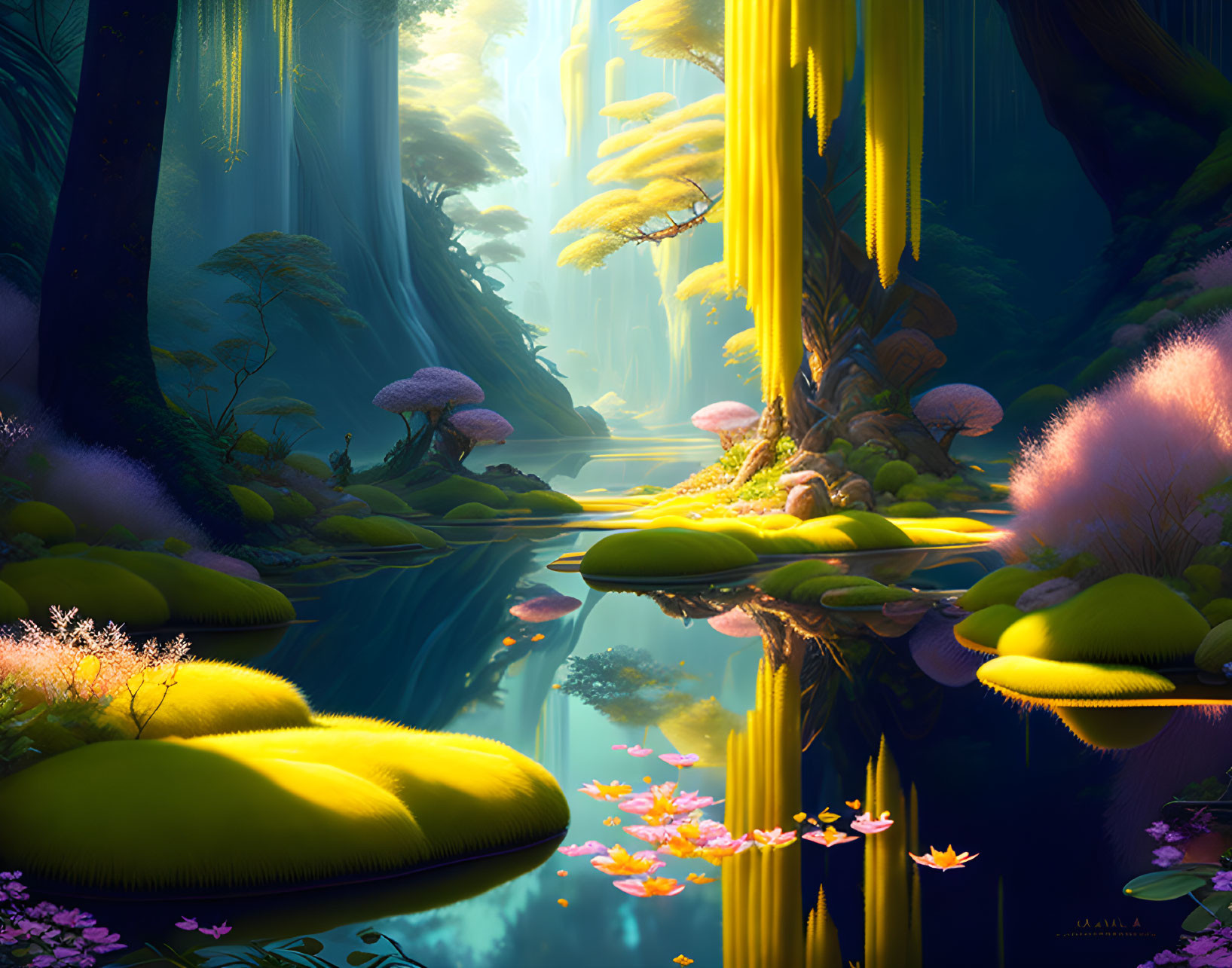 Vibrant flora and towering trees in mystical forest with serene river