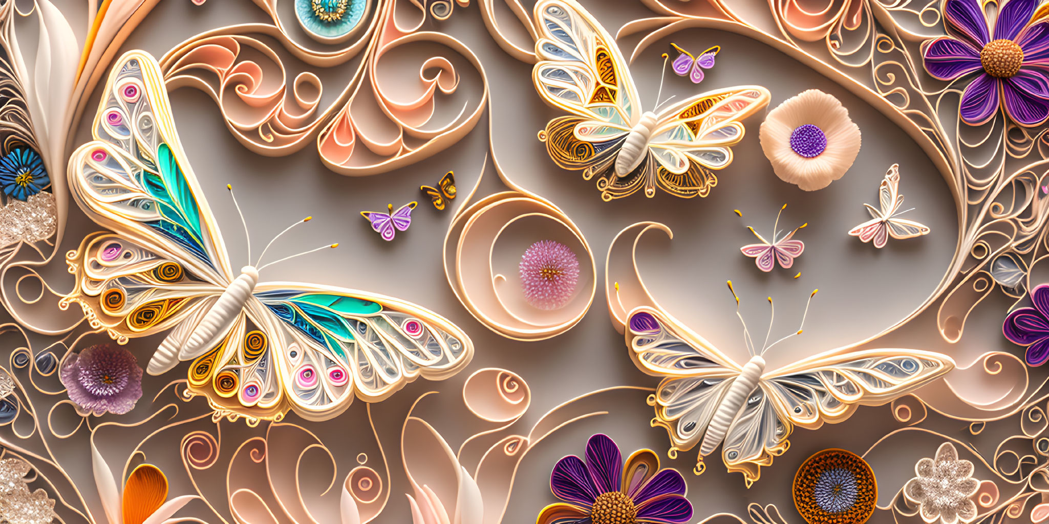 Detailed digital art: ornate butterflies, floral patterns, swirls, pastel colors on neutral background