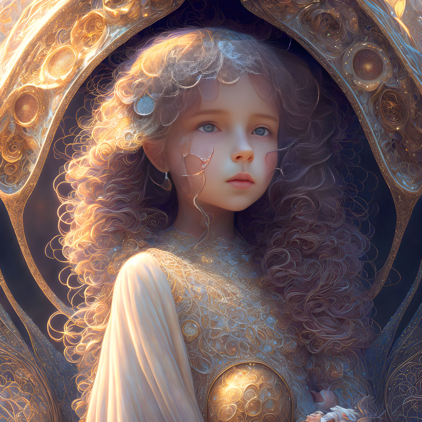 Digital Artwork: Girl with Curly Hair and Ornate Golden Patterns