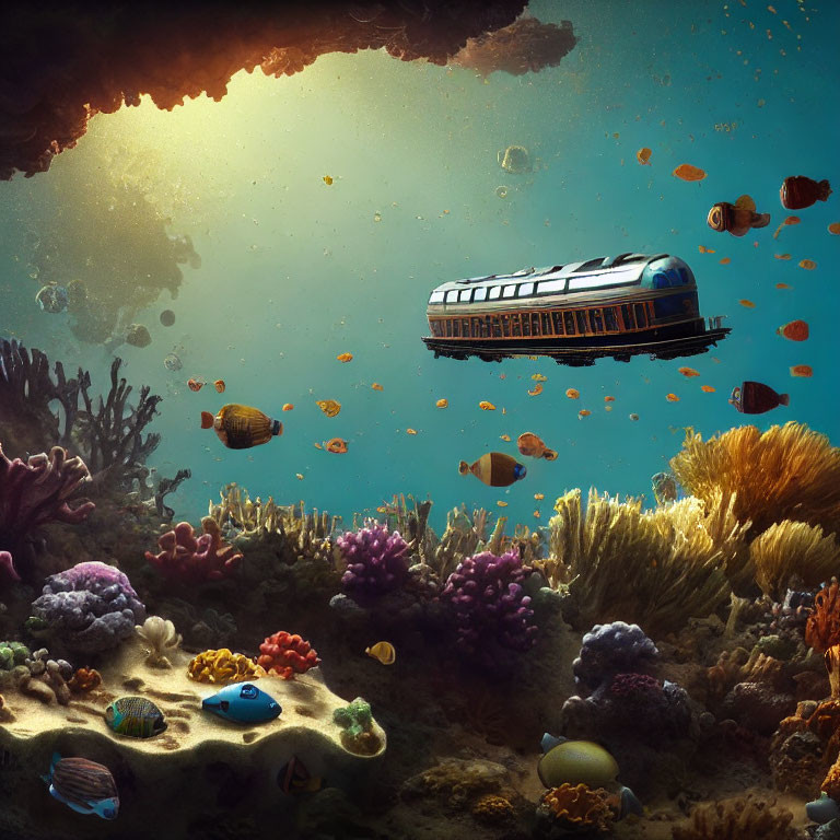 Vibrant coral reef scene with futuristic underwater train