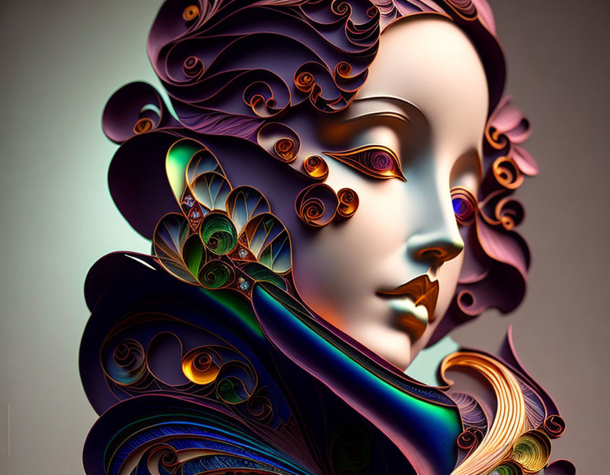 Stylized female face with swirling baroque design in vibrant colors