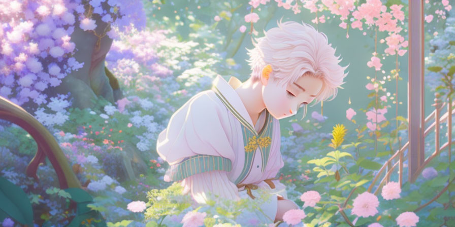 Pale-Haired Animated Character in Traditional Outfit in Serene Garden