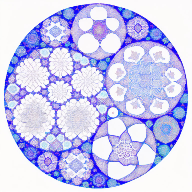 Circular Kaleidoscopic Snowflake Pattern in Blue and White