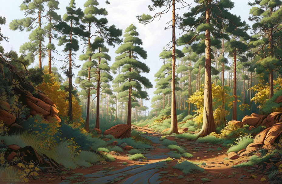 Tranquil forest with pines, clearings, rocks, and stream