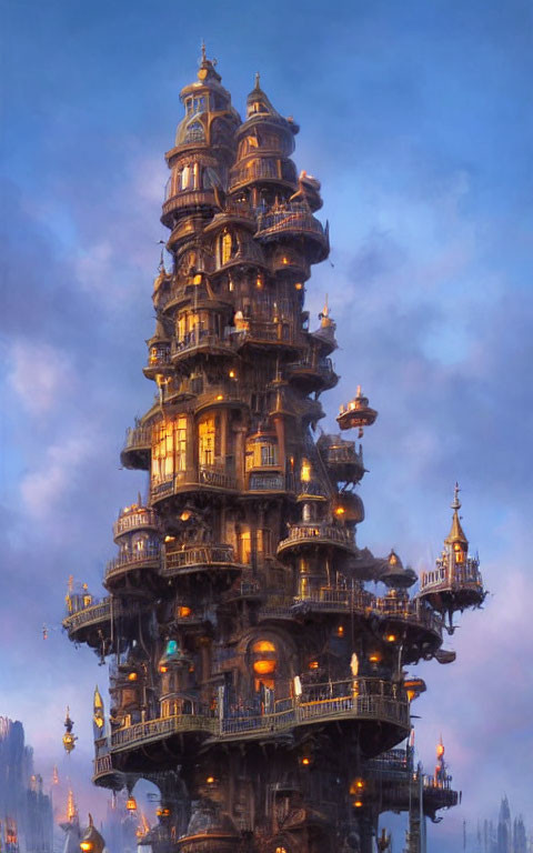 Fantasy structure with balconies and glowing windows under dusky sky