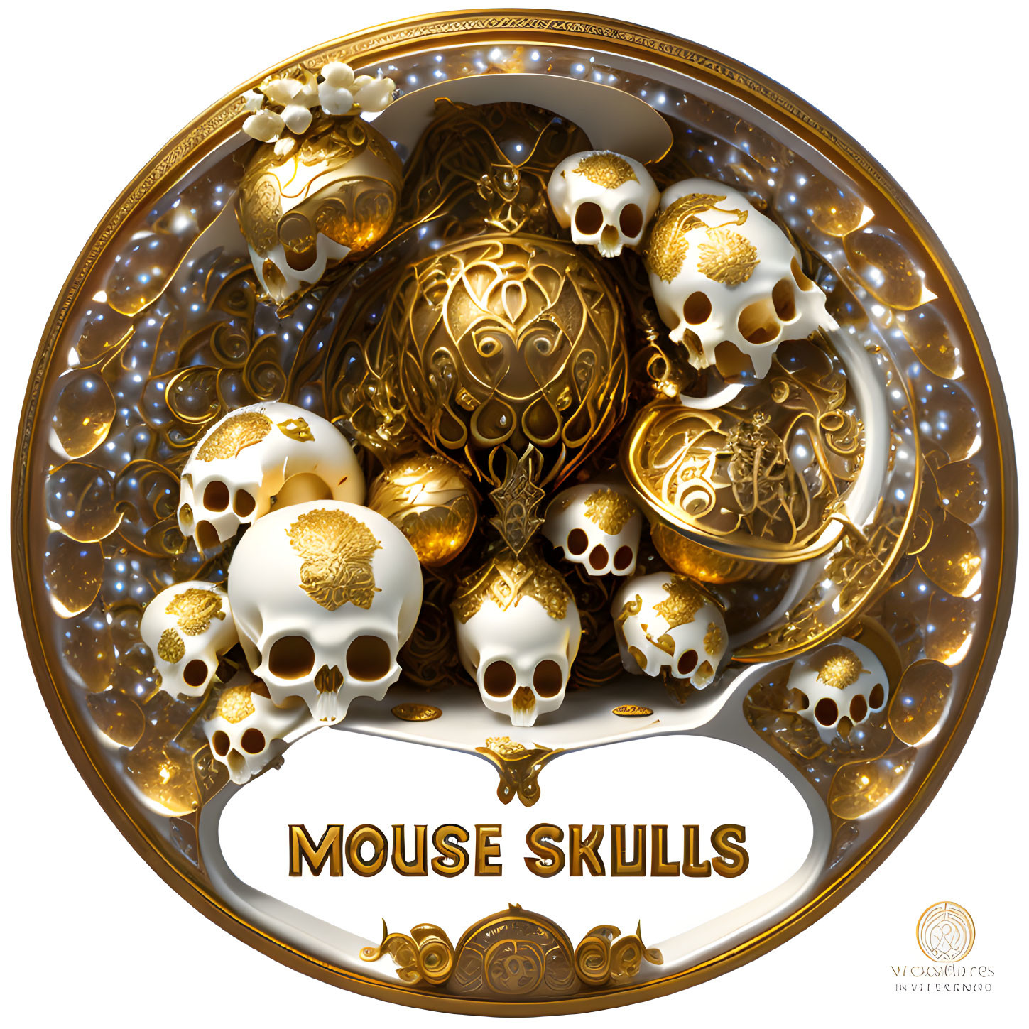 Golden sphere with mouse skulls and intricate motifs in circular patterns.