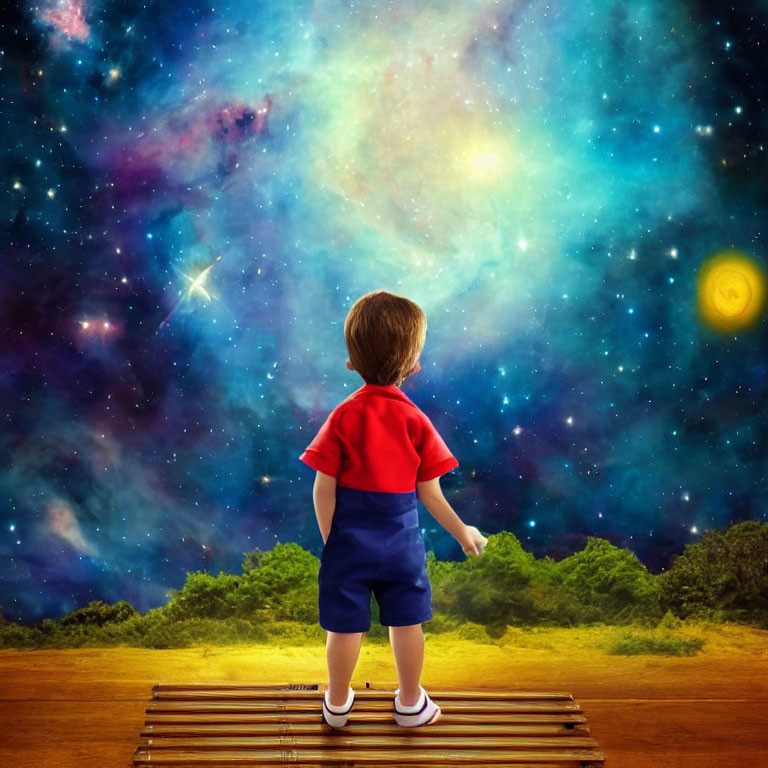 Child on Wooden Walkway Gazes at Star-Filled Cosmic Scene