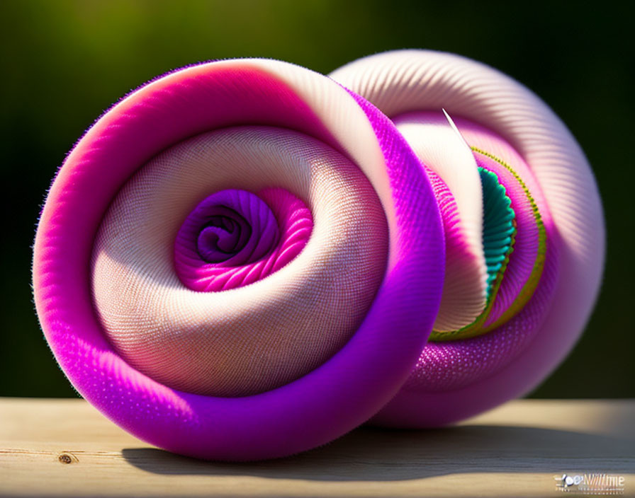 Close-up of Multicolored Spiral Design Objects on Wooden Surface