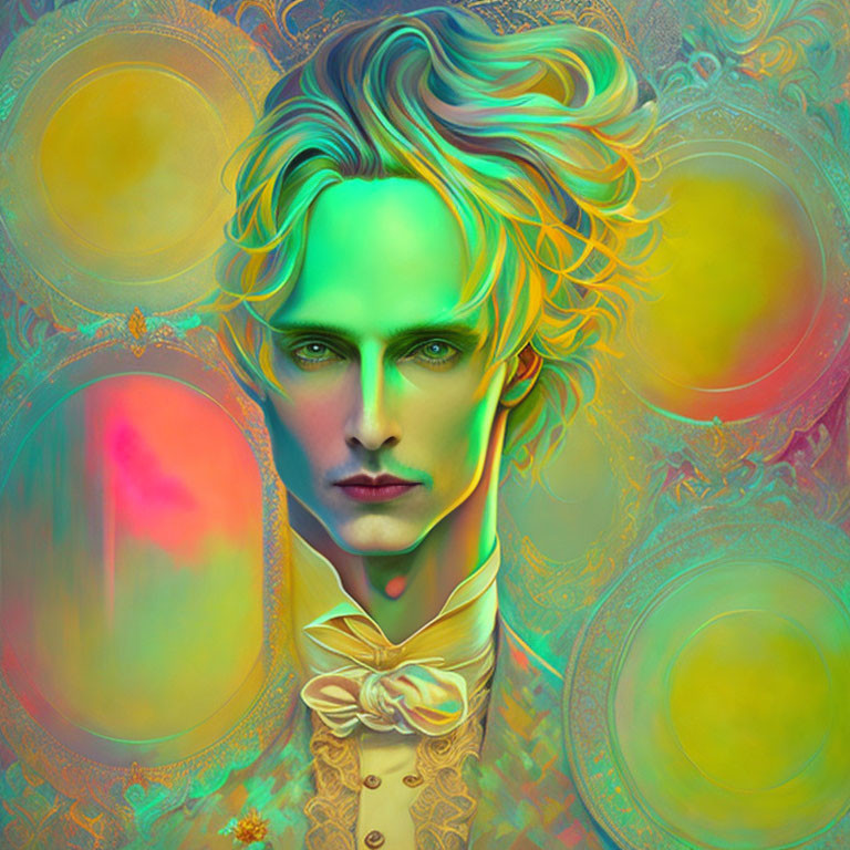 Colorful digital portrait: person with wavy hair and green-tinted skin in vibrant setting