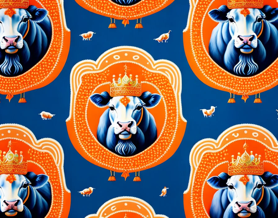 Colorful Stylized Blue Cow Pattern with Crowns and Orange Motifs on Blue Background