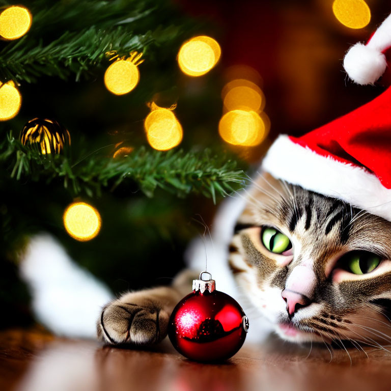 Cat in Santa Hat Resting by Christmas Tree with Red Bauble