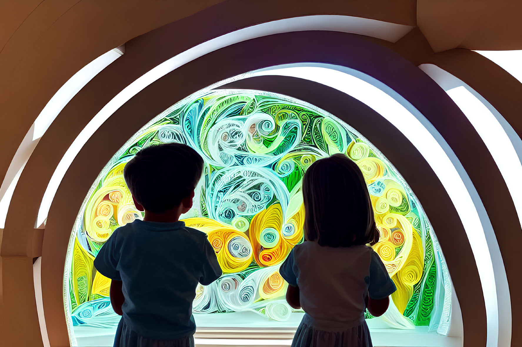 Children admiring circular stained glass window in arched passageway