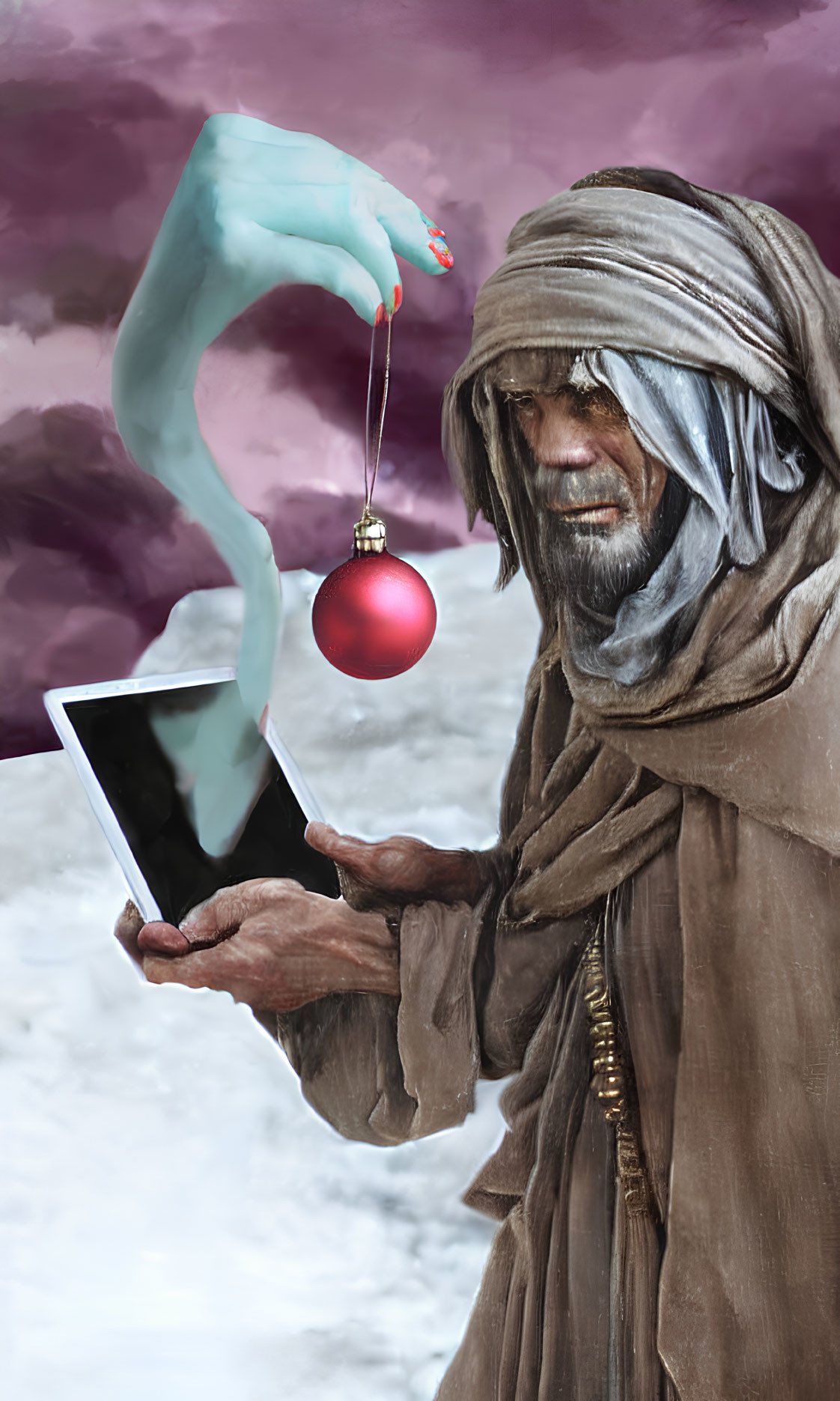 Robed Figure Holding Tablet Under Giant Ethereal Hand on Cloudy Sky