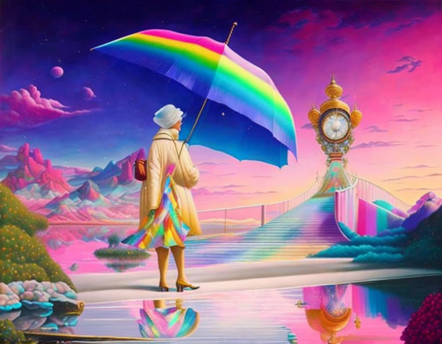 Person in turban with rainbow umbrella near clock structure and surreal landscape.