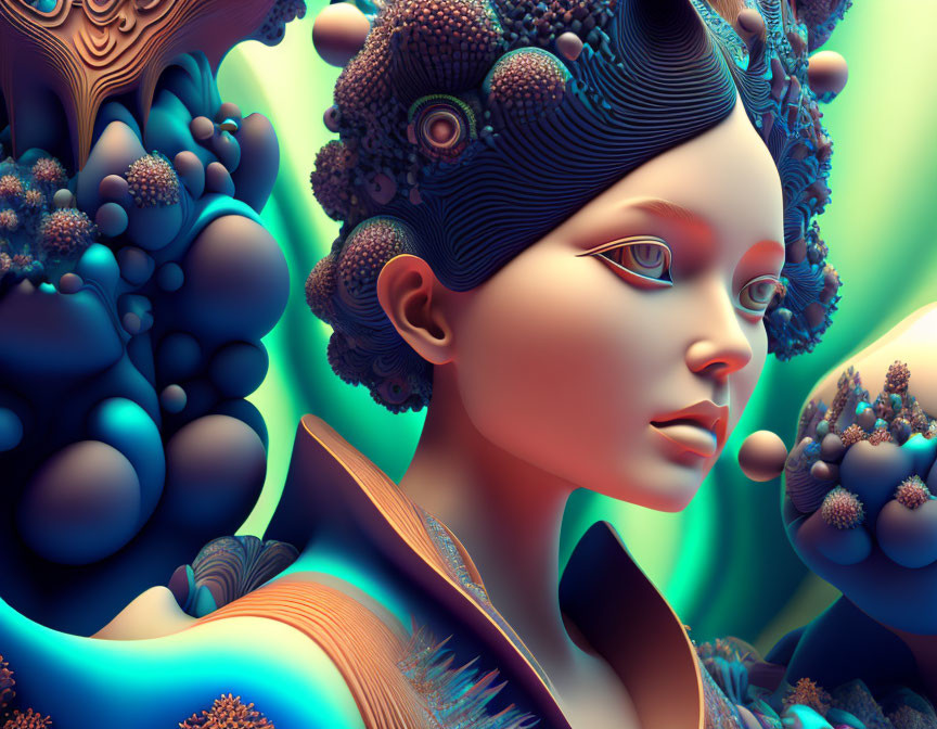 Surreal digital artwork of female figure with fractal hair and coral structures