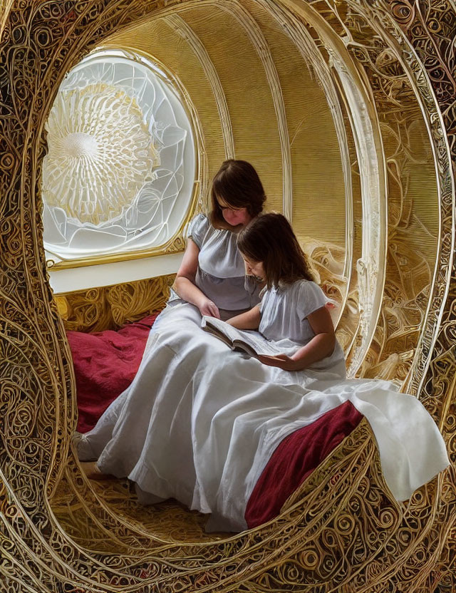 Two people reading in ornate circular alcove with golden designs and round window